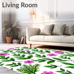 Pink Flowers Green Leaves Botanical Harmony Rug