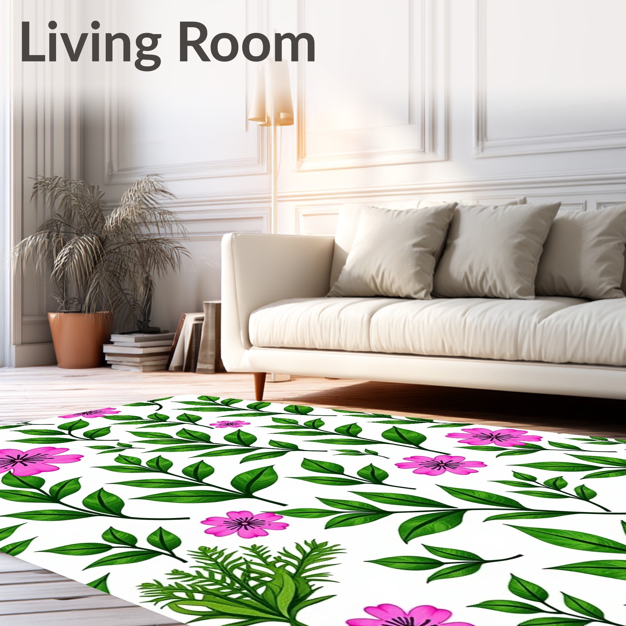 Pink Flowers Green Leaves Botanical Harmony Rug