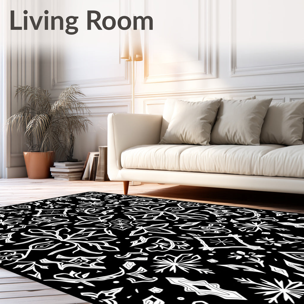Black White Floral Art Nouveau Rug