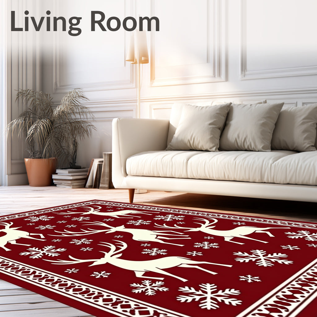 Cream Reindeer Snowflakes Crimson Border Rug