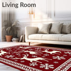 Cream Reindeer Snowflakes Crimson Border Rug