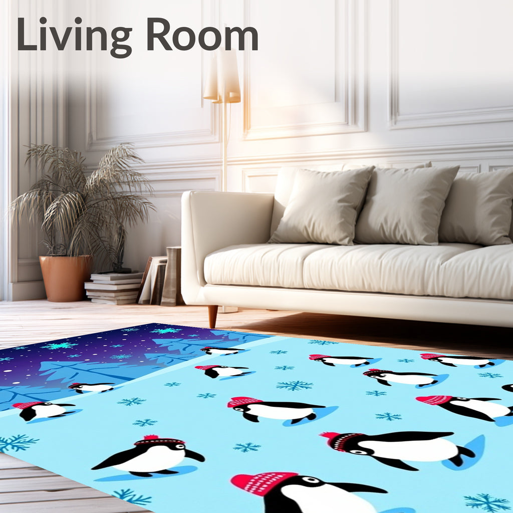 Playful Penguins Winter Snowflakes Scene Rug
