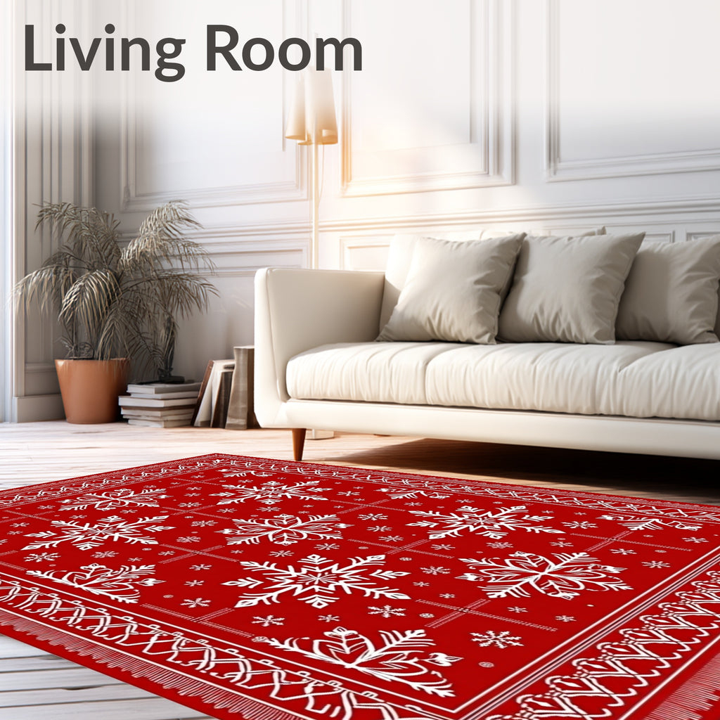 Crimson white snowflake mandala border Rug