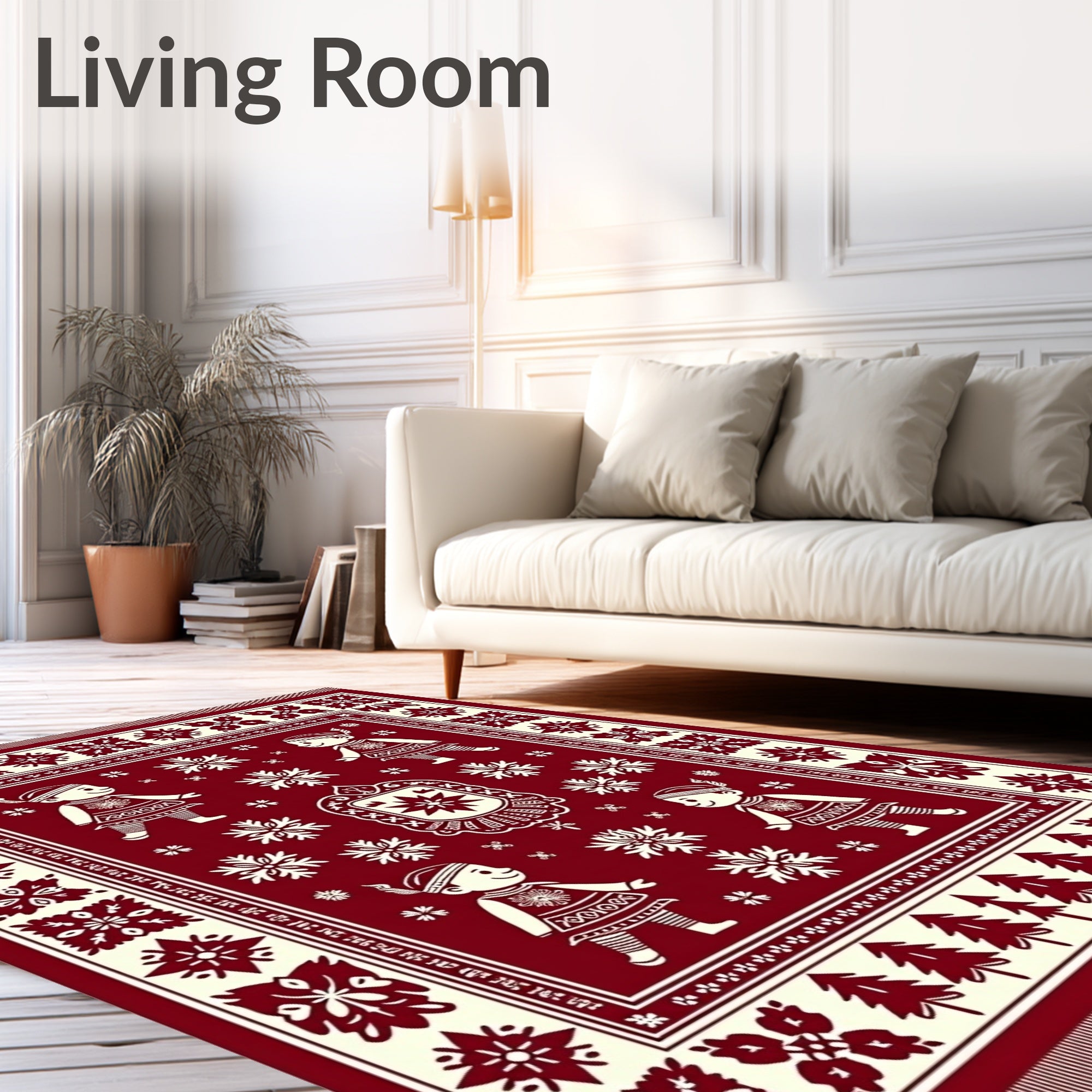 Crimson White Folk Art Children Snowflakes Rug