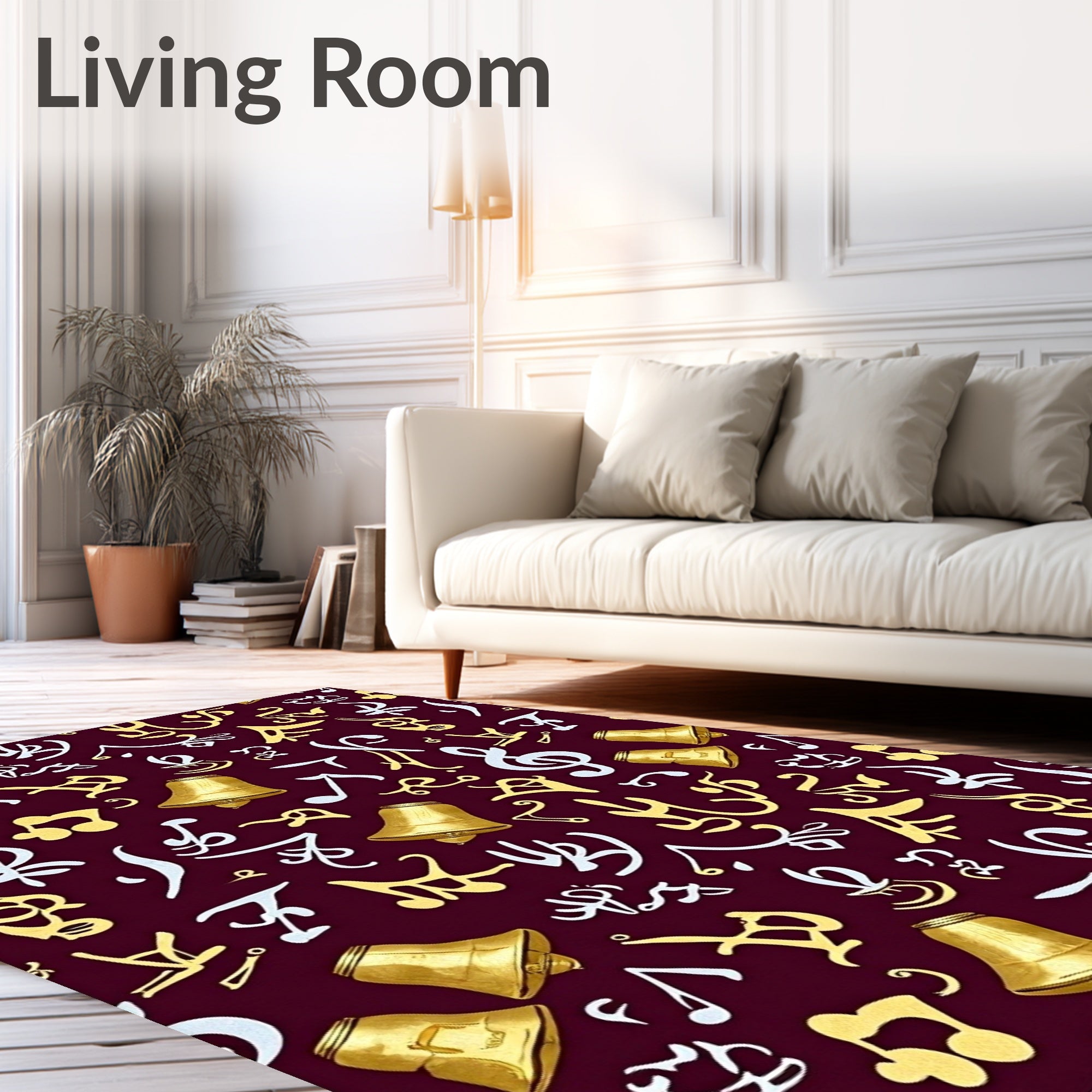 Golden Bells Musical Notes Burgundy Rug