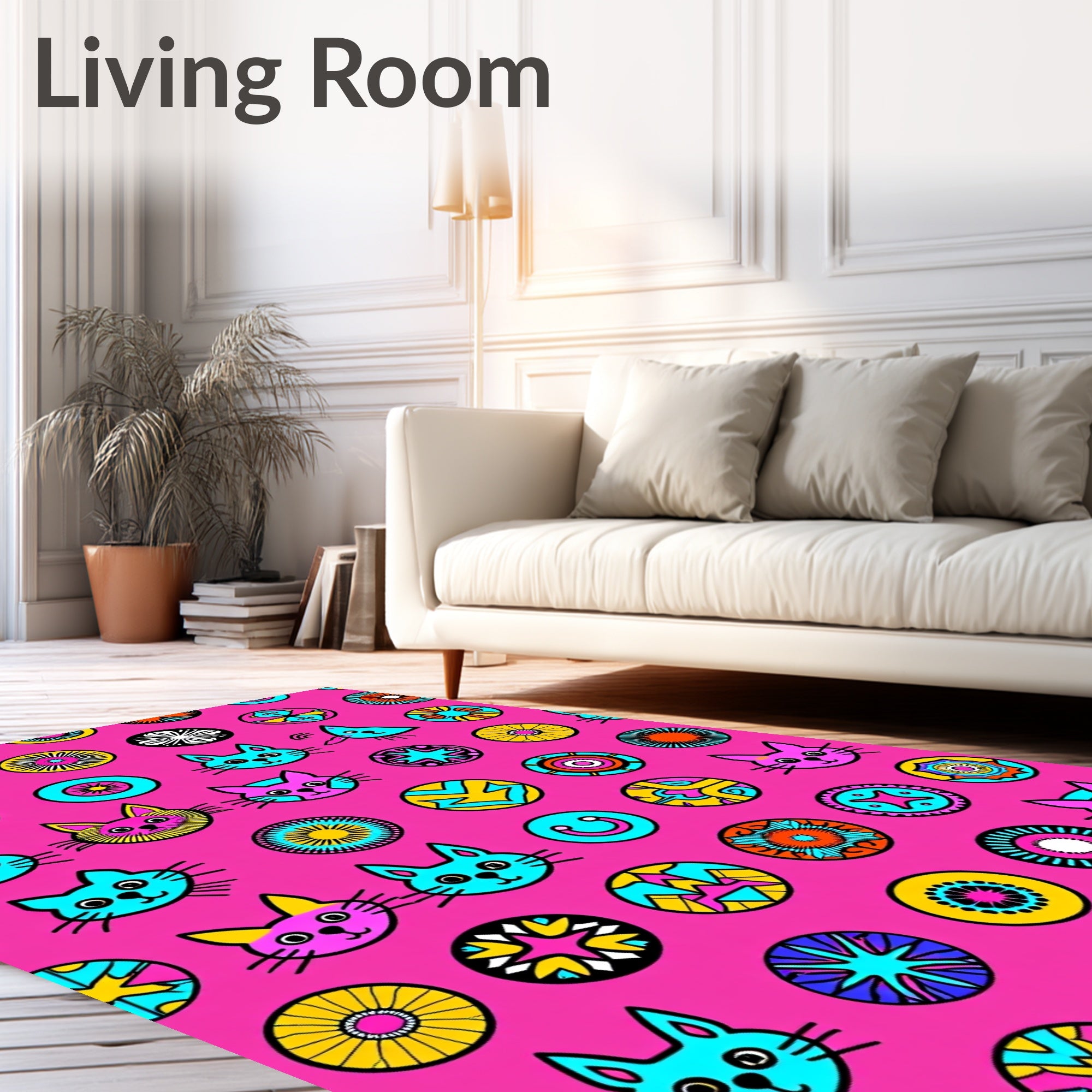 Pink Retro Cat Medallion Collage Rug
