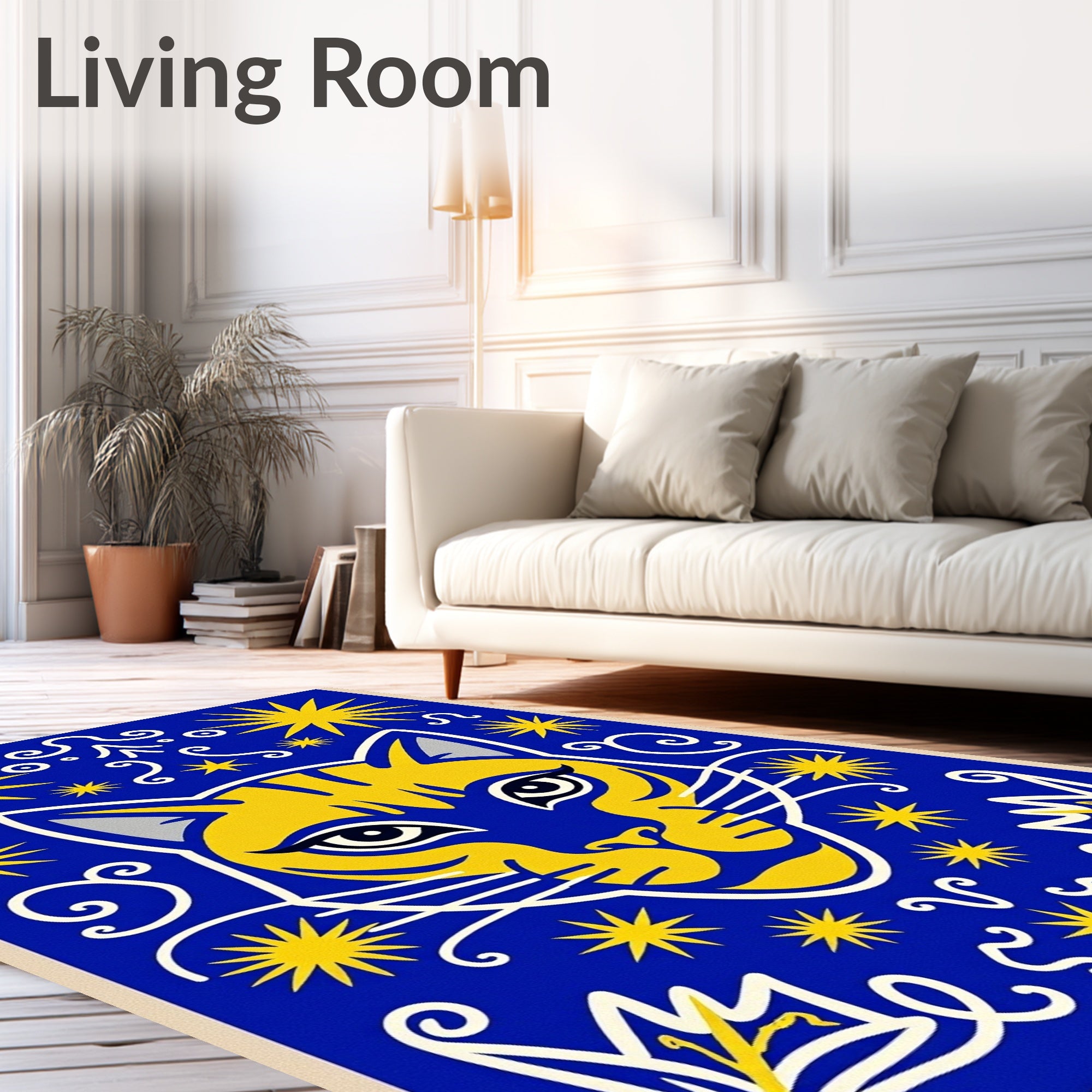 Bold Yellow Cat Cosmic Blue Rug