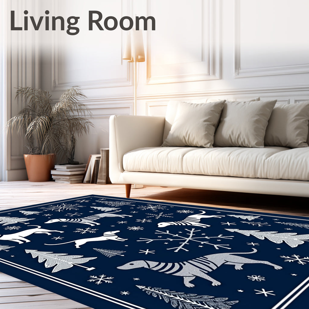 Winter Dogs Snowflakes Forest Scene Rug