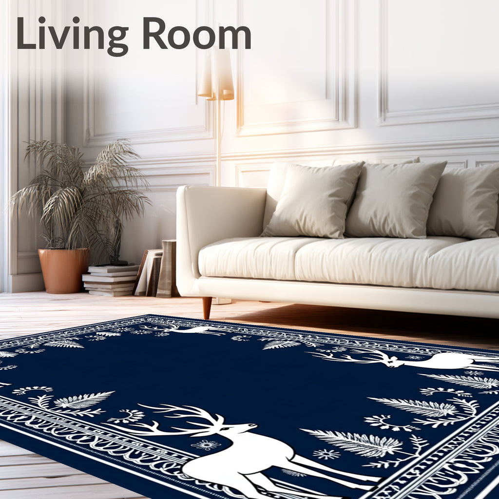 Deep Blue White Stag Forest Border Rug