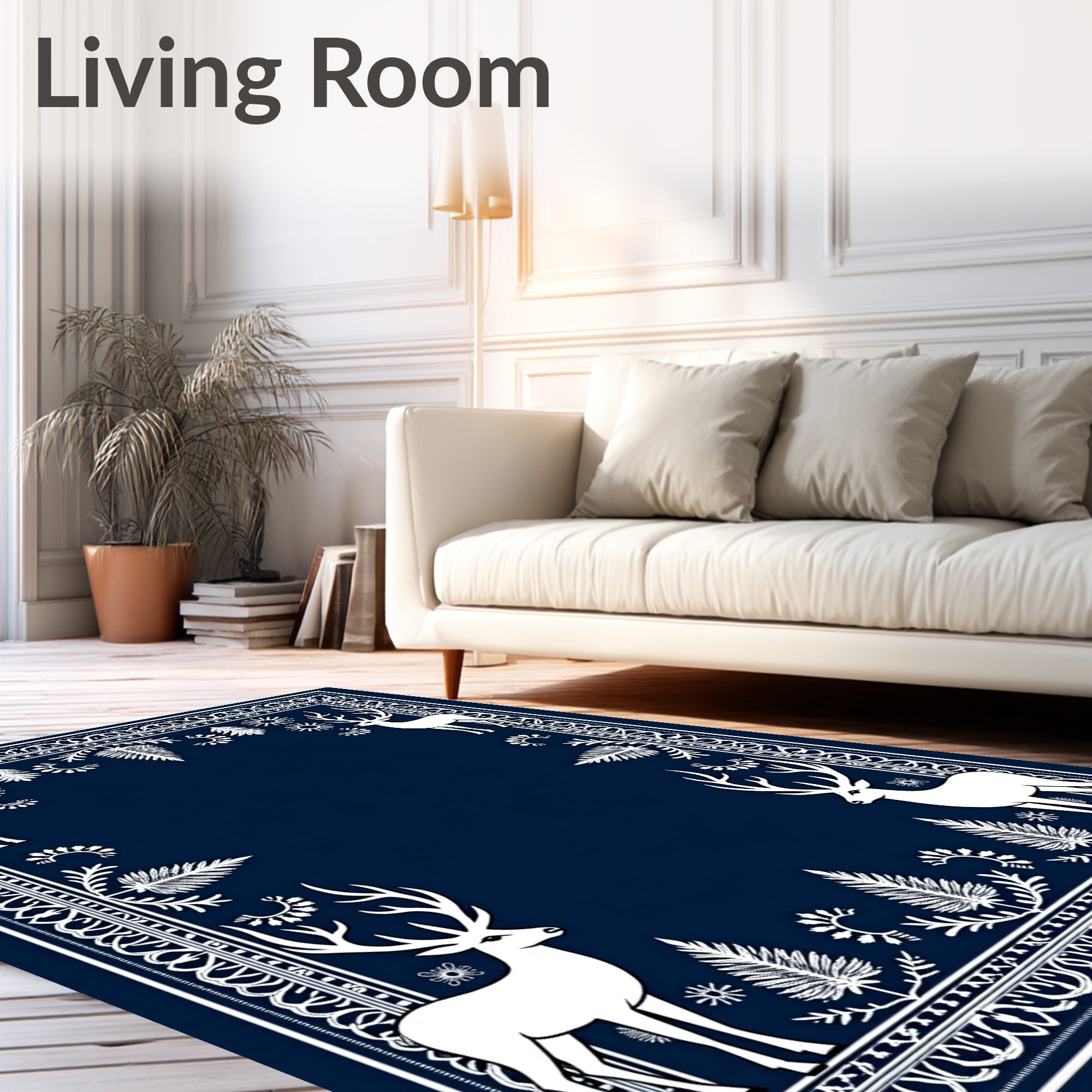 Deep Blue White Stag Forest Border Rug
