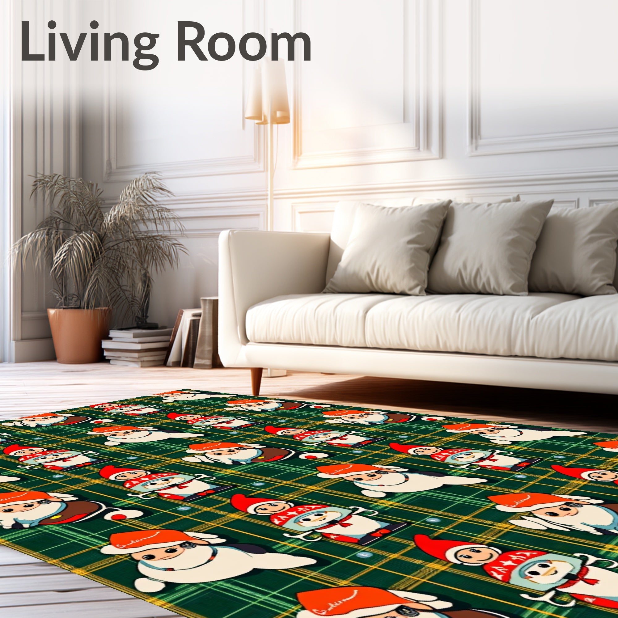 Whimsical Christmas Characters Plaid Background Rug