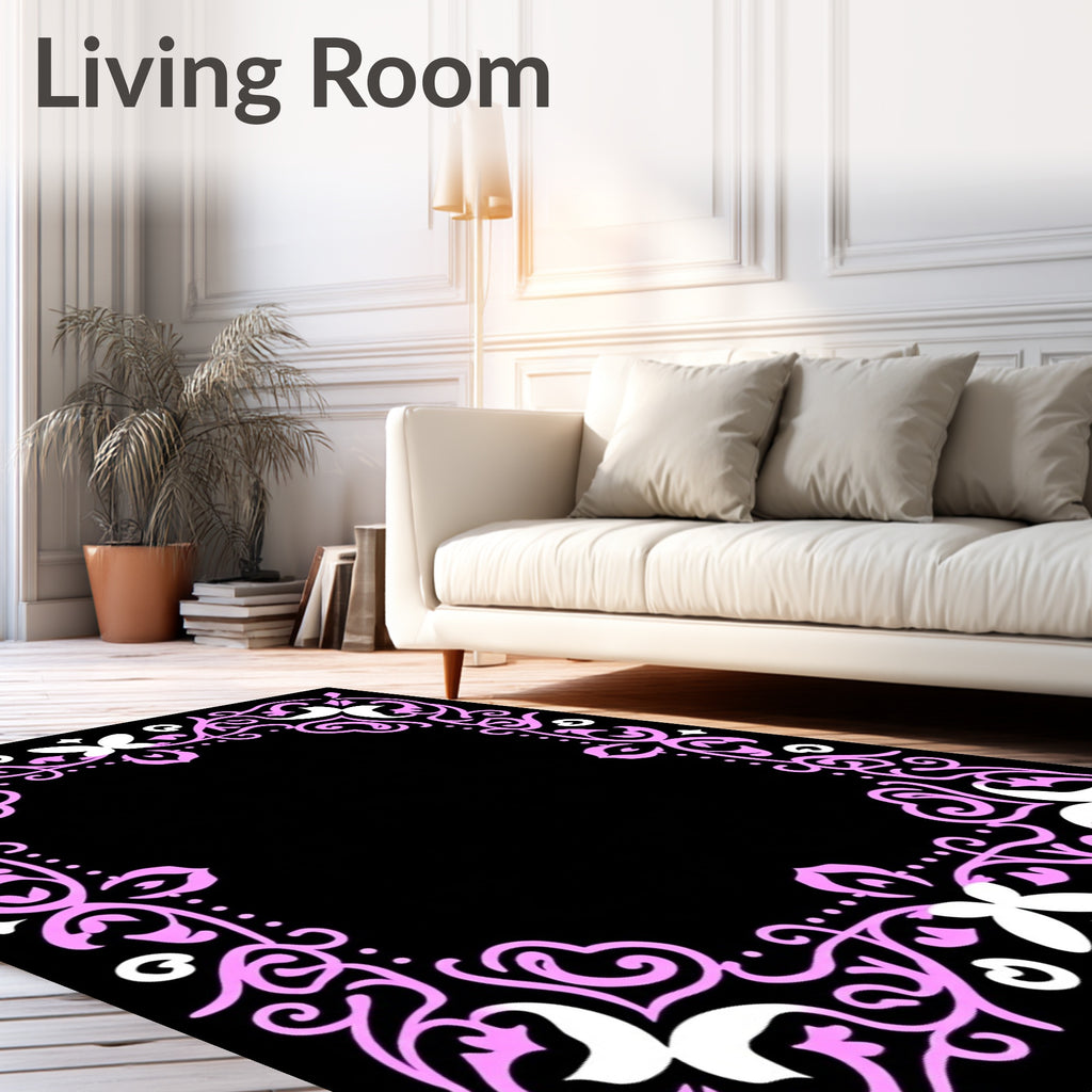Pink White Floral Scrollwork Border Rug