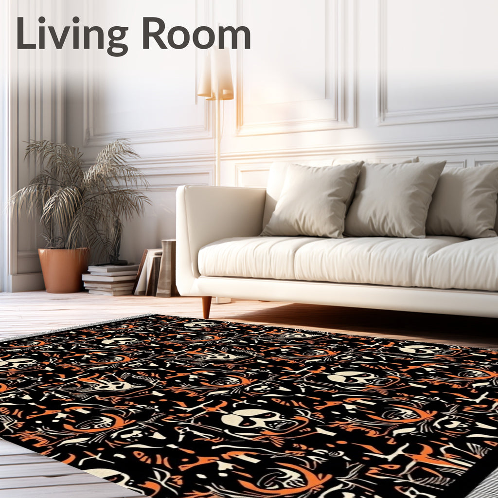 Creepy Black Orange Skeleton Horror Rug