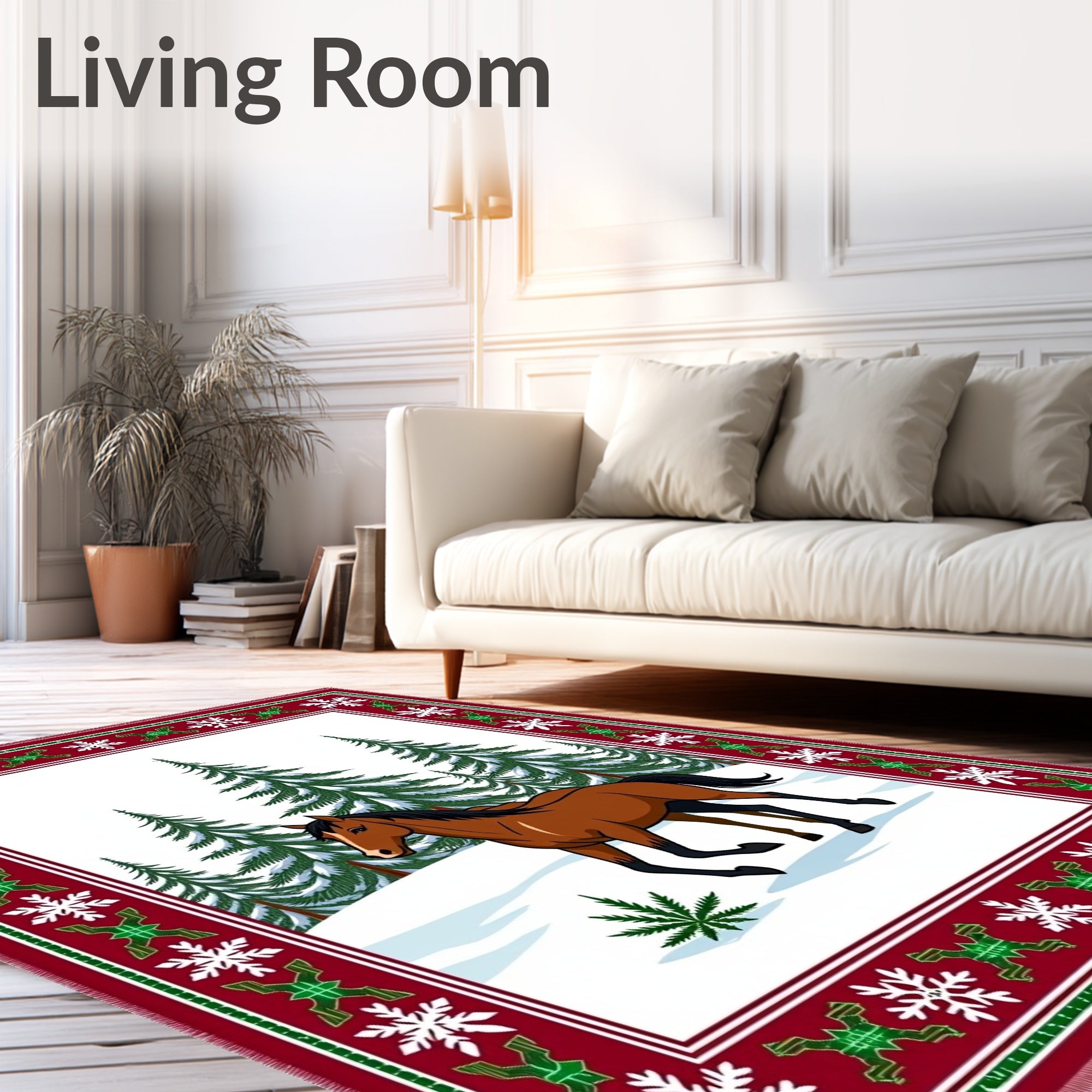Brown Horse Winter Forest Snowflakes Border Rug