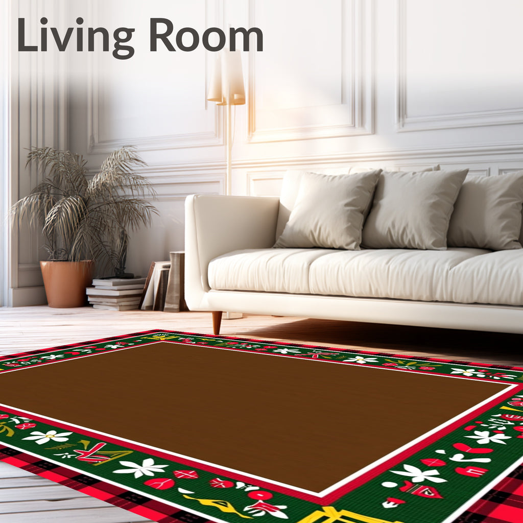 Red Black Plaid Festive Floral Border Rug