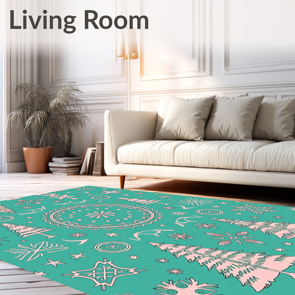 Teal Pink Christmas Tree Snowflake Medallion Rug