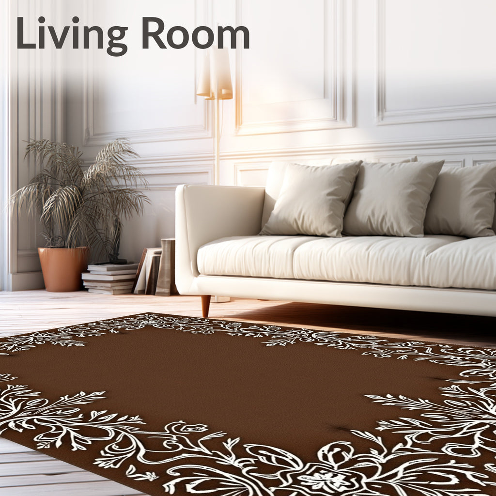 White Floral Scrollwork on Brown Background Rug