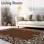 White Floral Scrollwork on Brown Background Rug