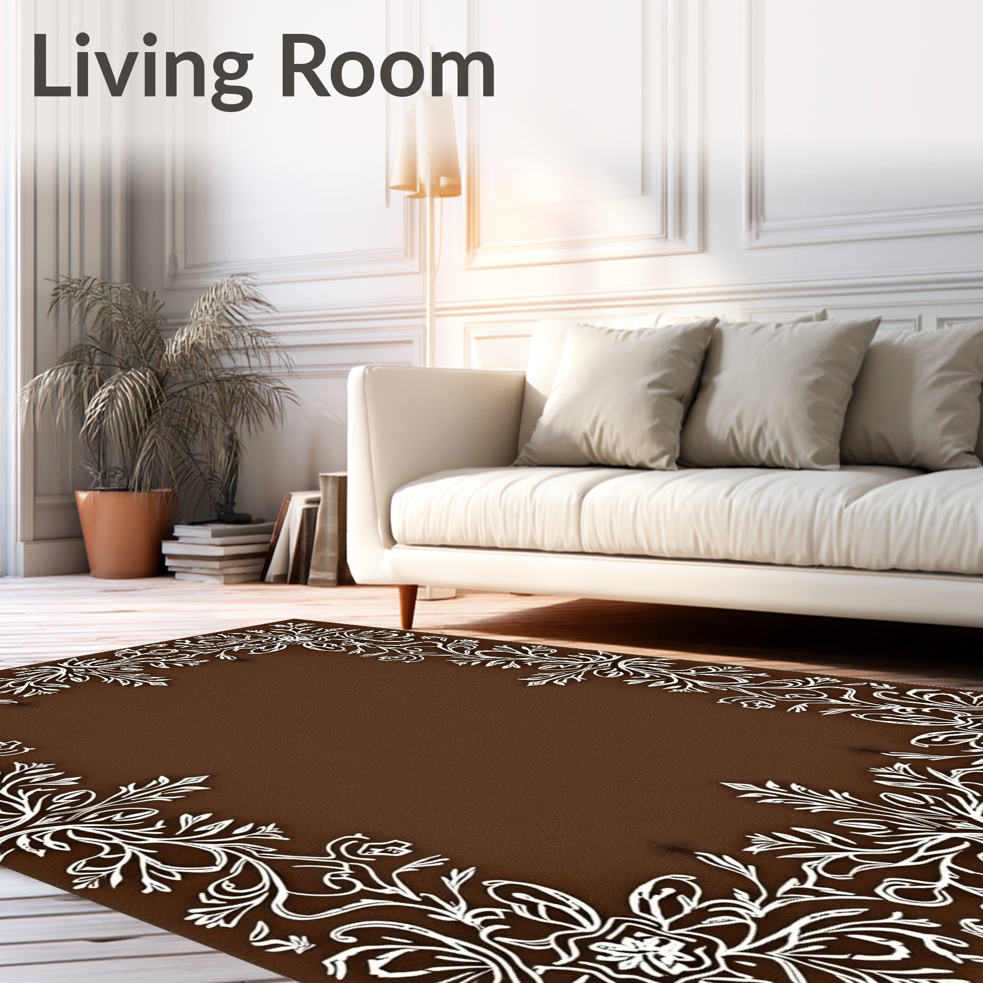 White Floral Scrollwork on Brown Background Rug
