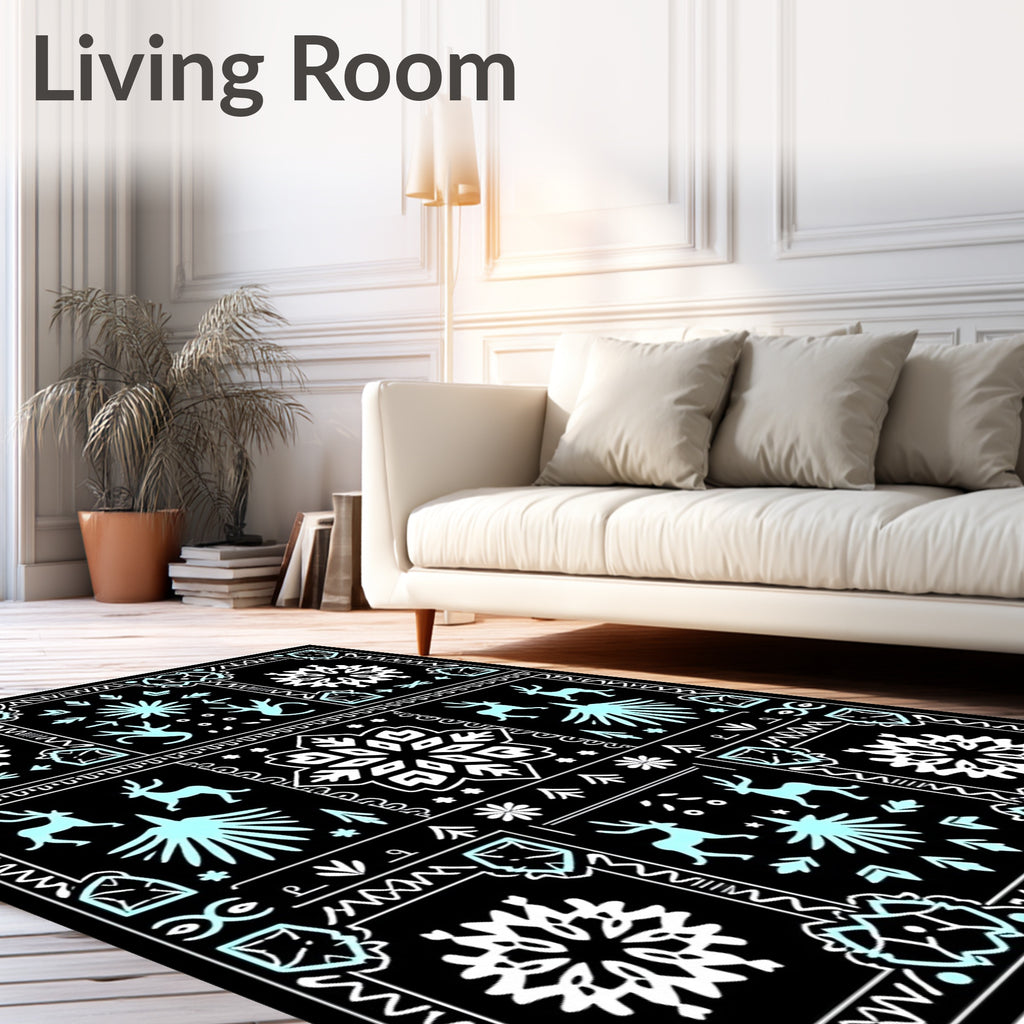 Black Aqua Winter Wildlife Snowflake Motif Rug