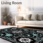 Black Aqua Winter Wildlife Snowflake Motif Rug