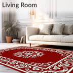 Crimson Bordered White Floral Rays Rug
