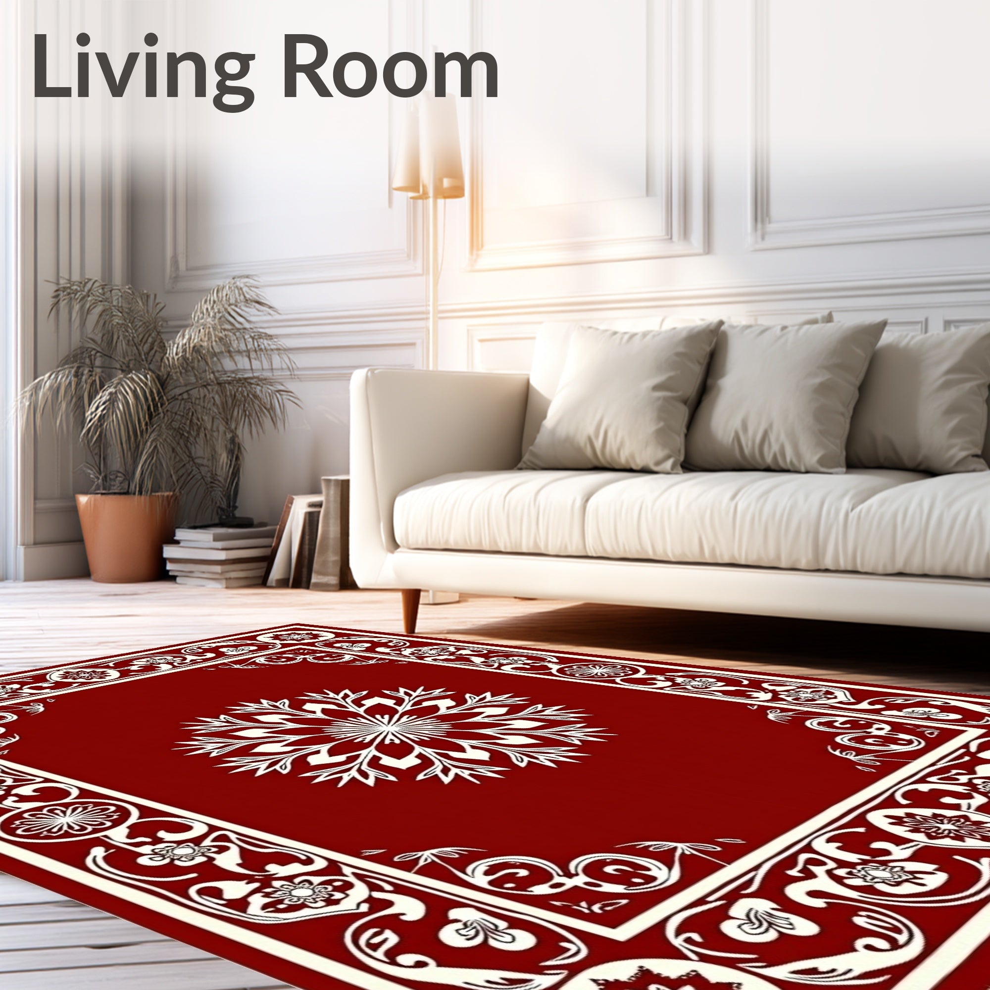 Crimson Bordered White Floral Rays Rug