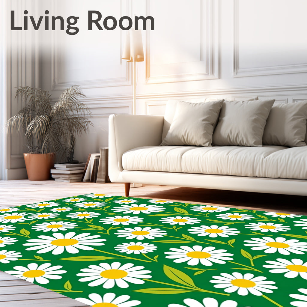 White Daisy Green Field Floral Rug
