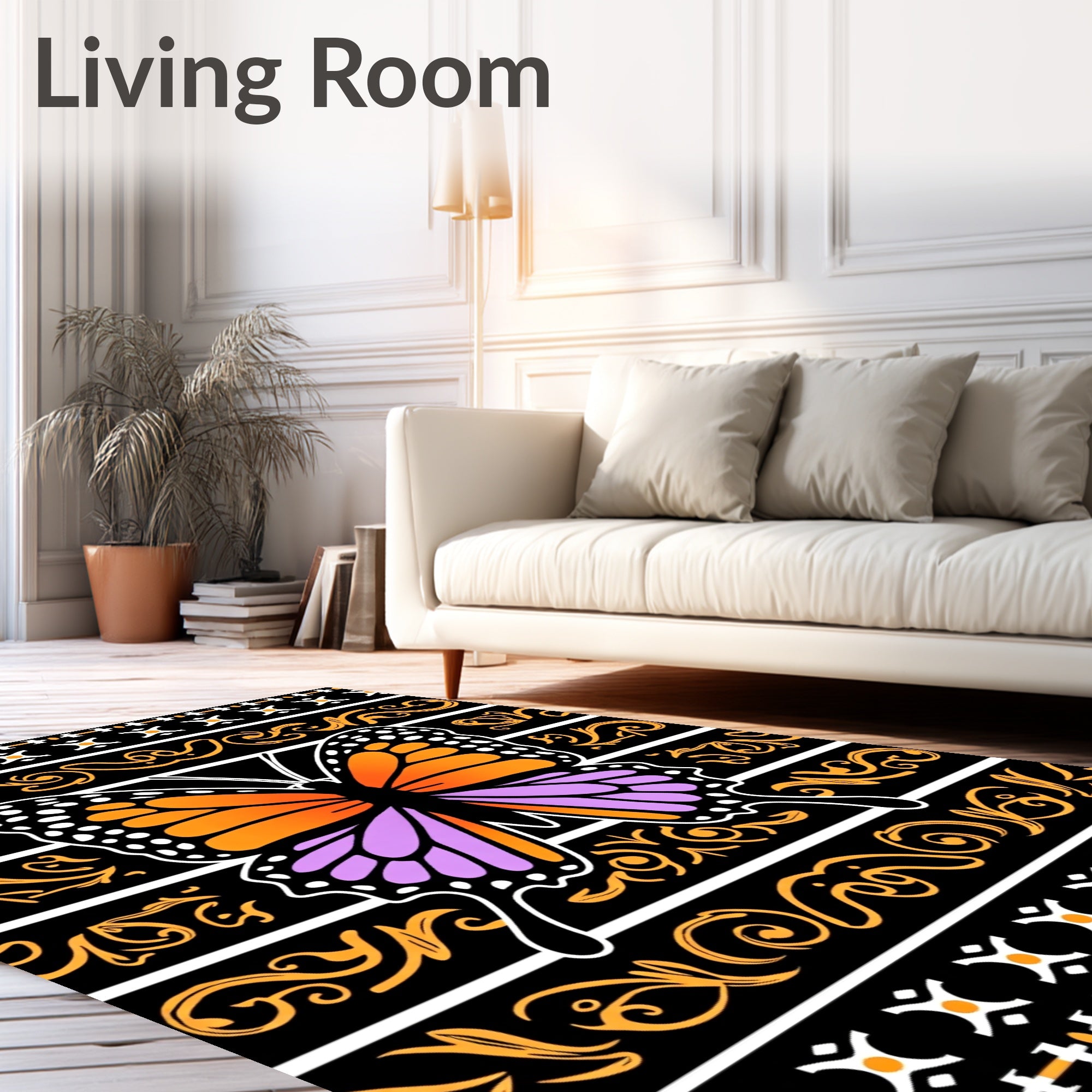 Vibrant Orange Purple Butterfly Scroll Rug