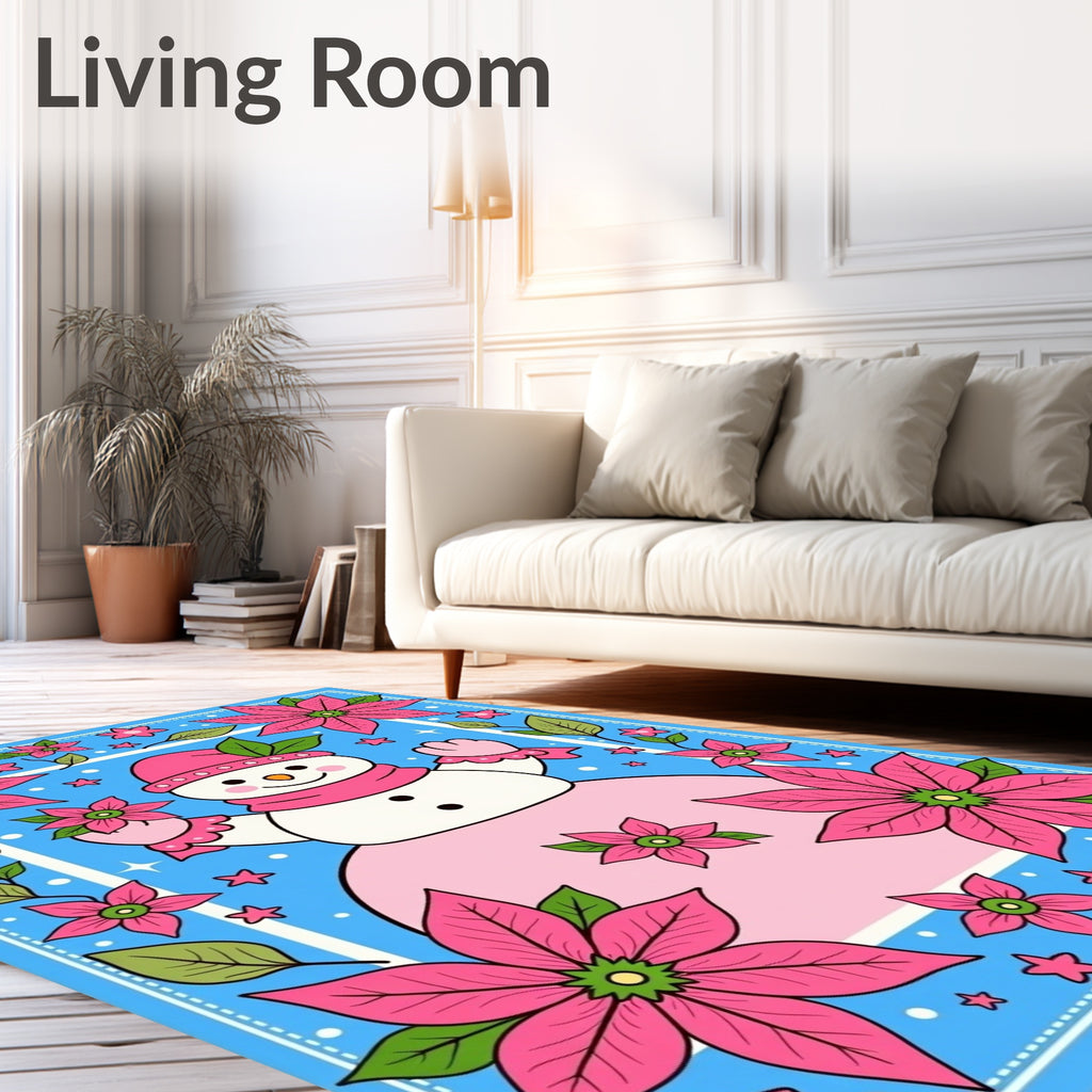 Pink Poinsettia Snowman Festive Scene Rug
