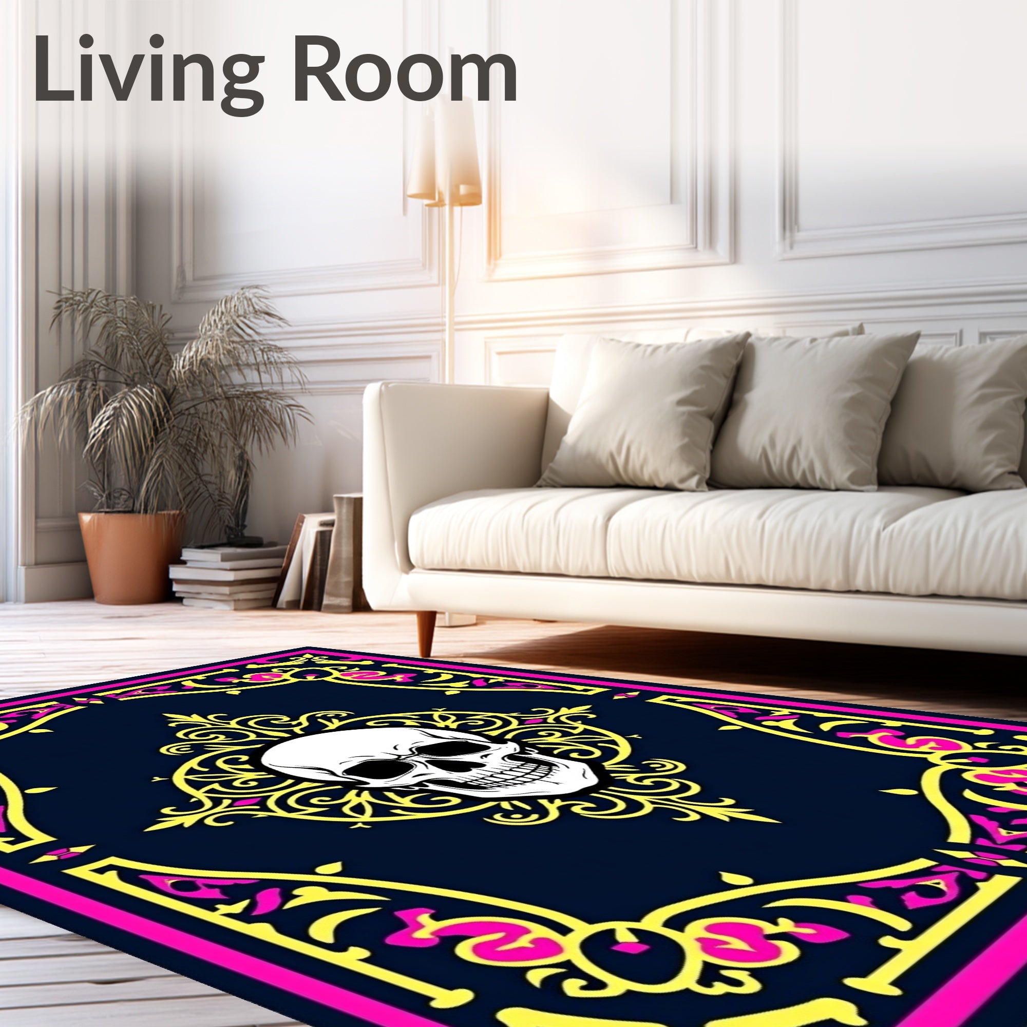 Gothic Skull Neon Floral Emblem Rug