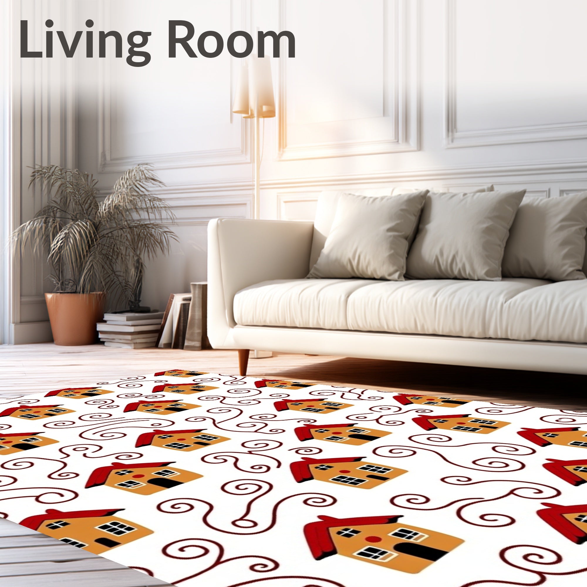 Orange Houses Red Roof Swirls Rug