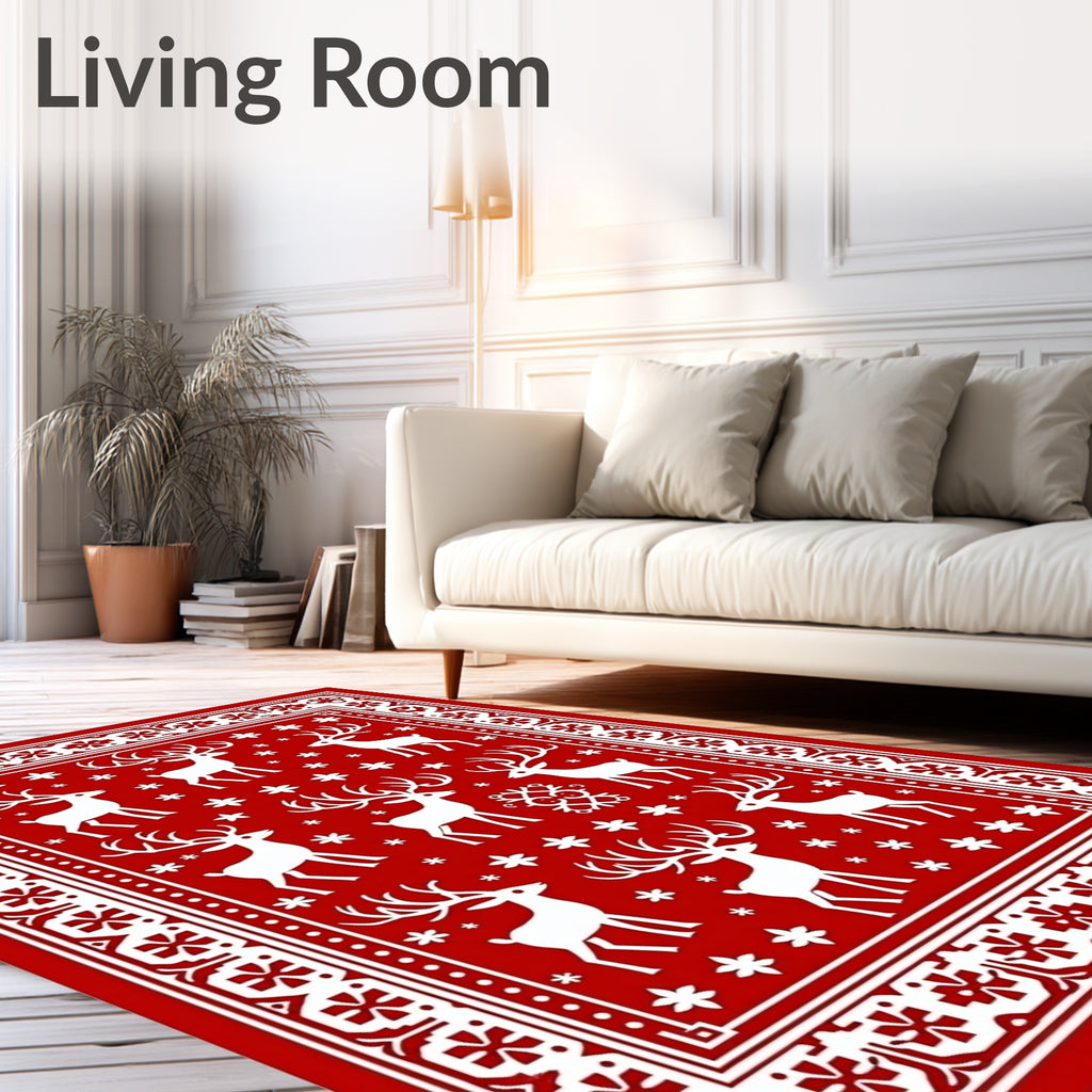 Red White Reindeer Snowflakes Border Rug