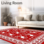 Red White Reindeer Snowflakes Border Rug