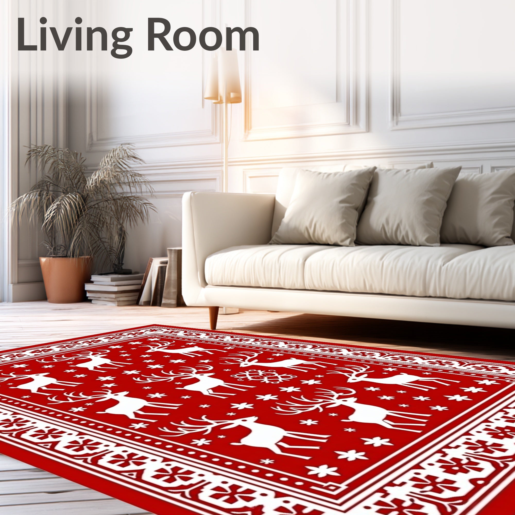 Red White Reindeer Snowflakes Border Rug