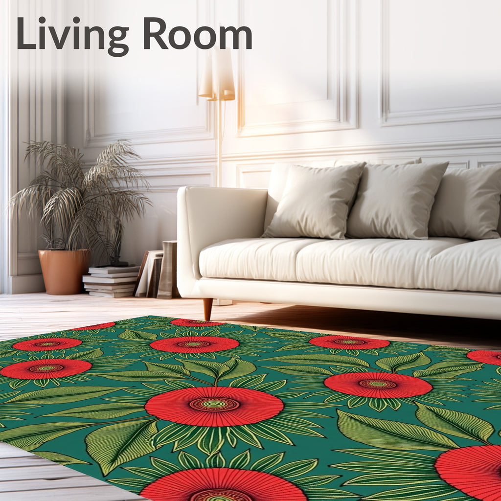 Red Sunburst Floral Green Leaf Rug