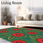 Red Sunburst Floral Green Leaf Rug