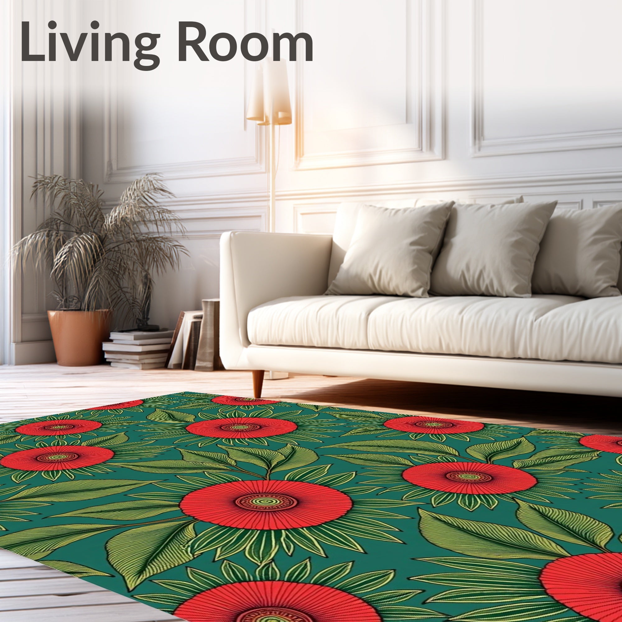 Red Sunburst Floral Green Leaf Rug