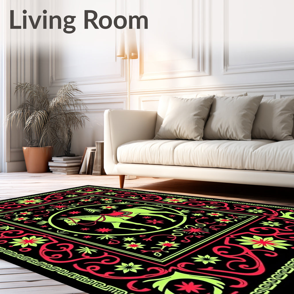 Neon Horse Circle Floral Border Rug