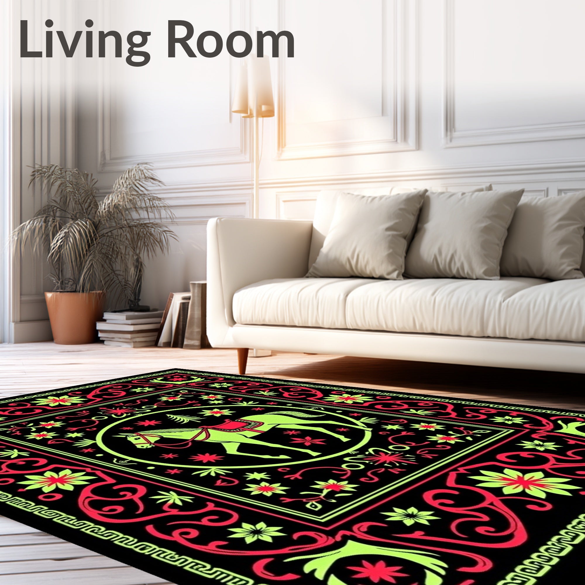 Neon Horse Circle Floral Border Rug
