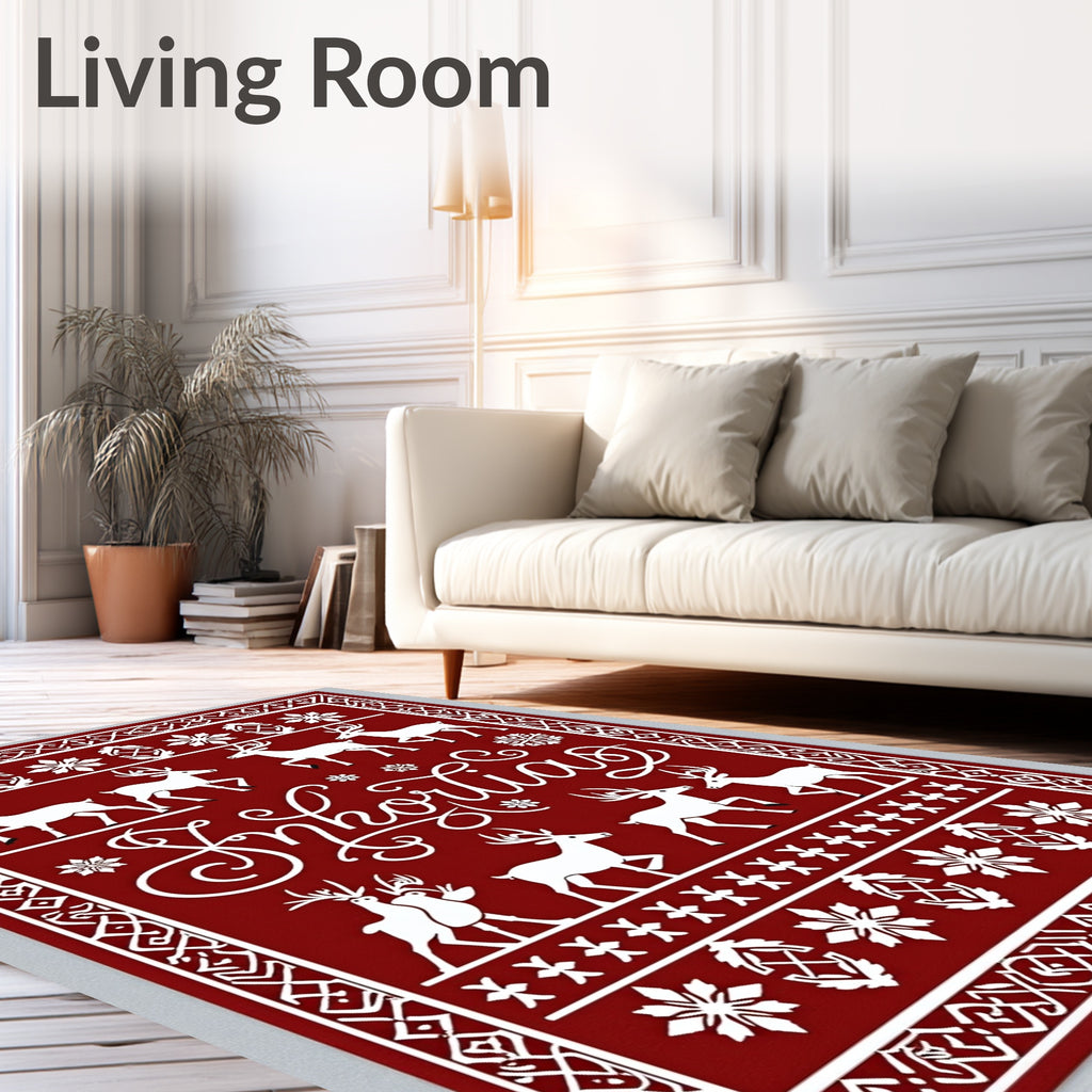 Crimson Reindeer Snowflake Holiday Scene Rug