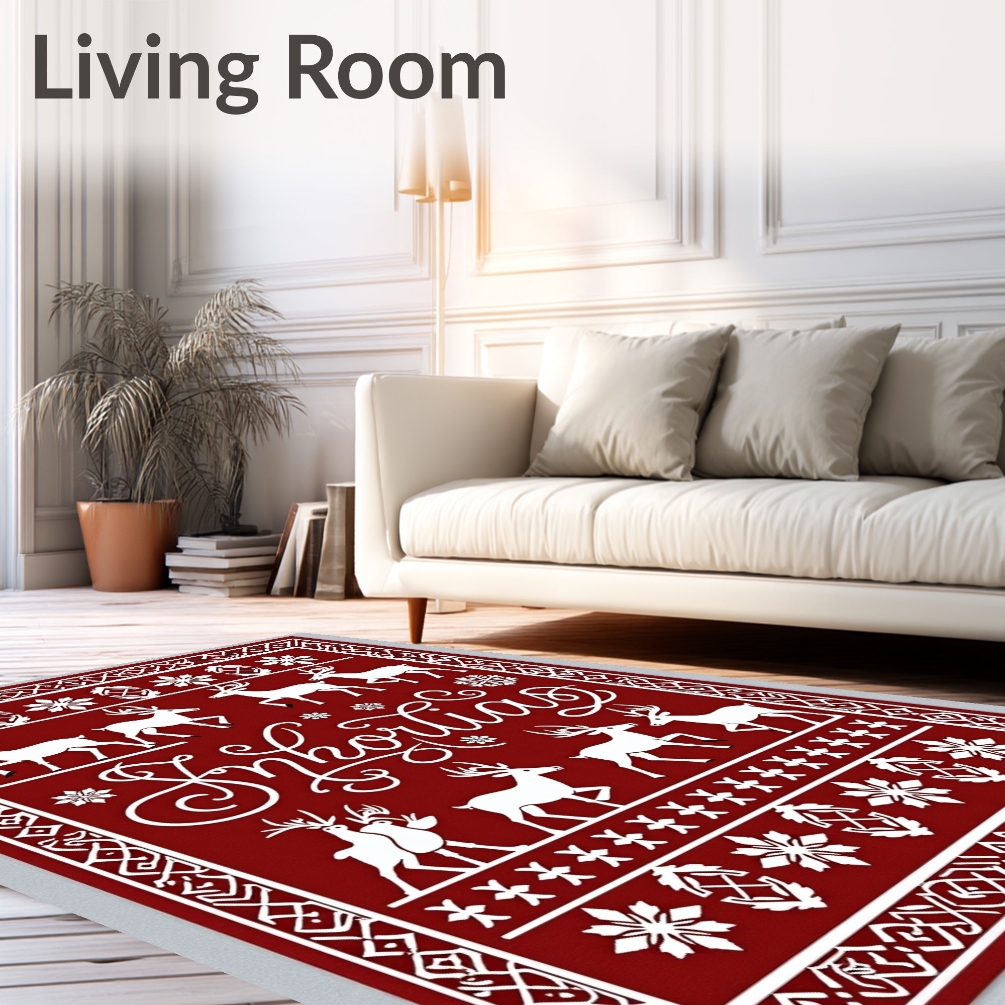Crimson Reindeer Snowflake Holiday Scene Rug