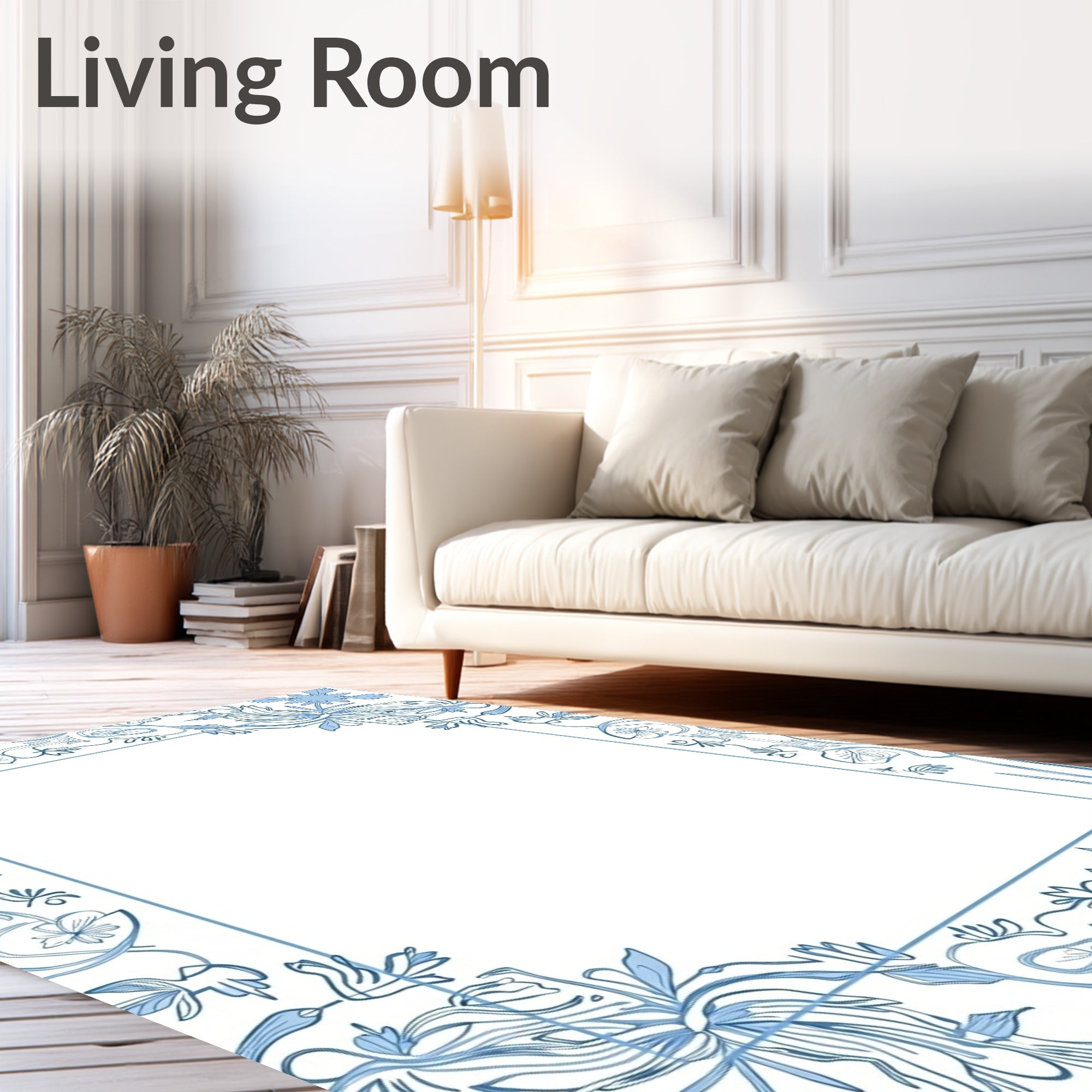 Blue Floral Vine Border Rug