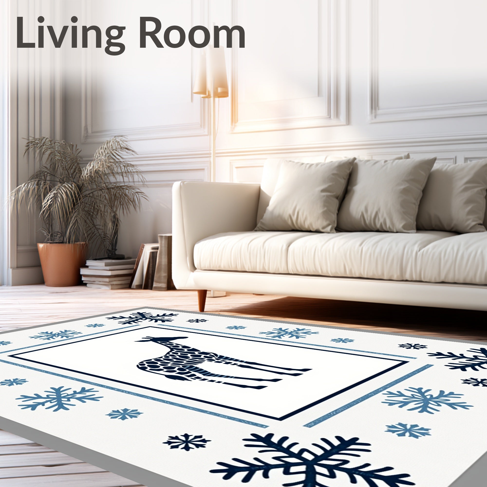 Navy Giraffe Snowflakes Frame Rug