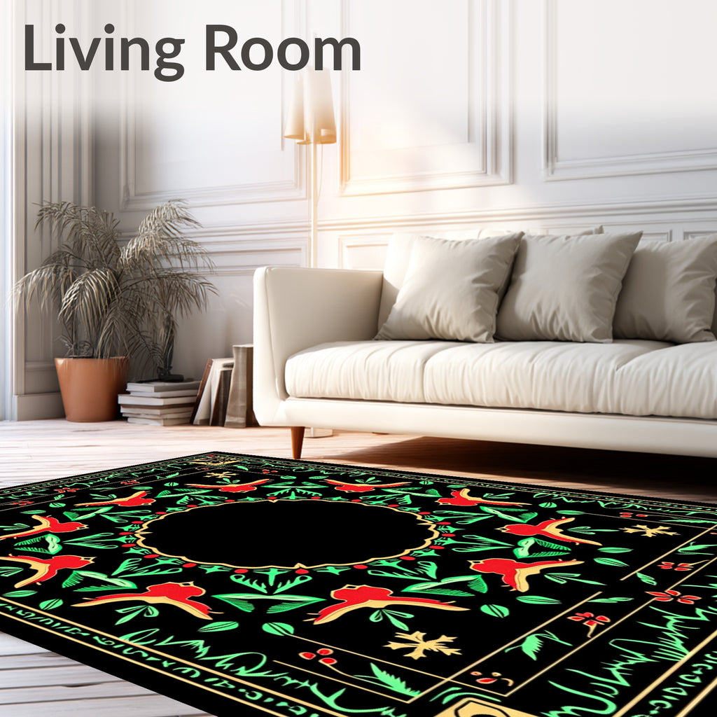 Red Green Bird Floral Border Rug