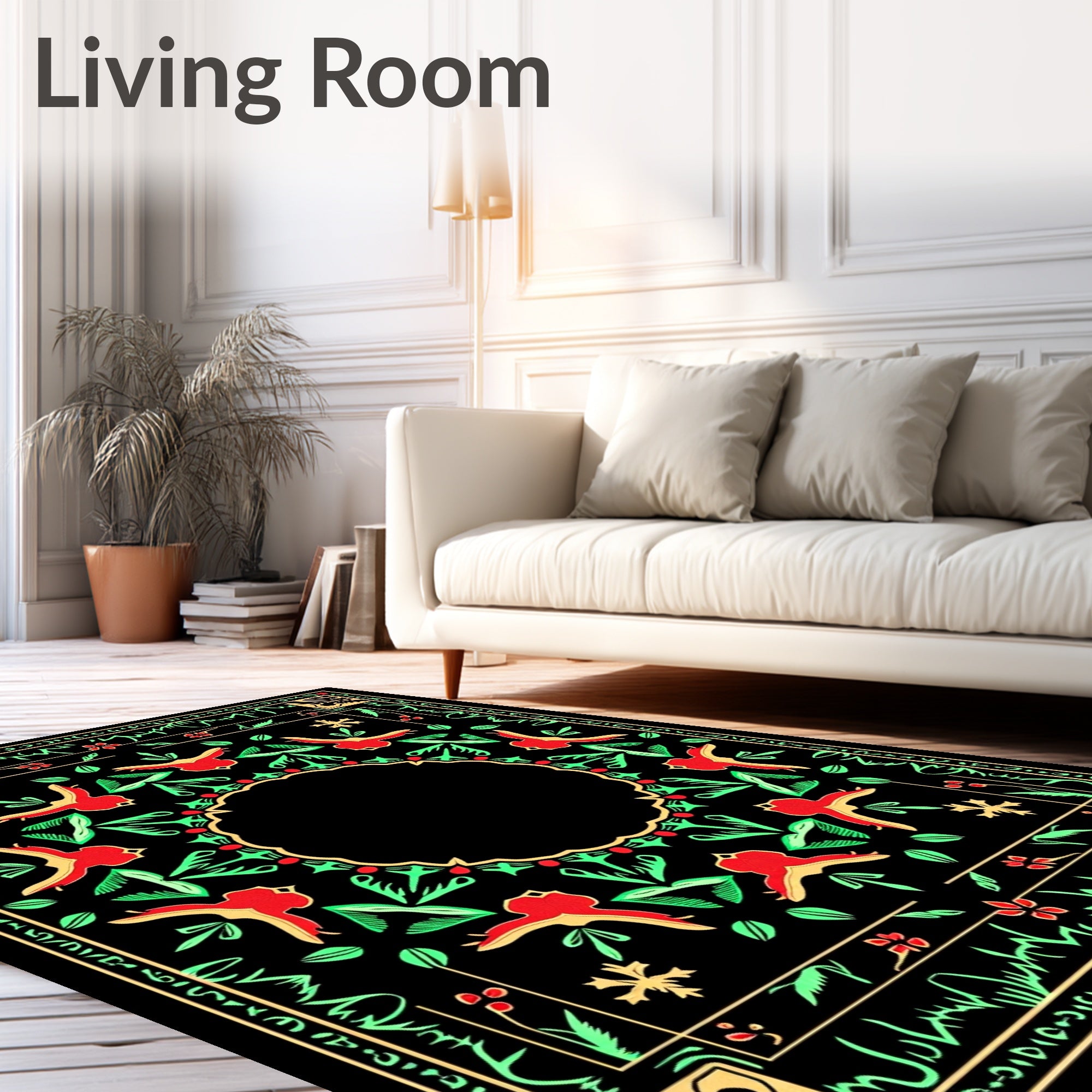 Red Green Bird Floral Border Rug
