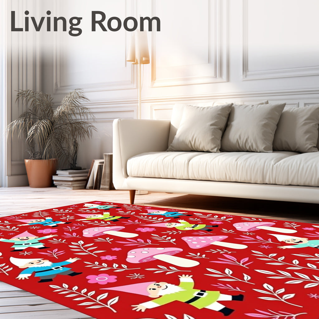 Whimsical Red Gnome Mushroom Meadow Rug
