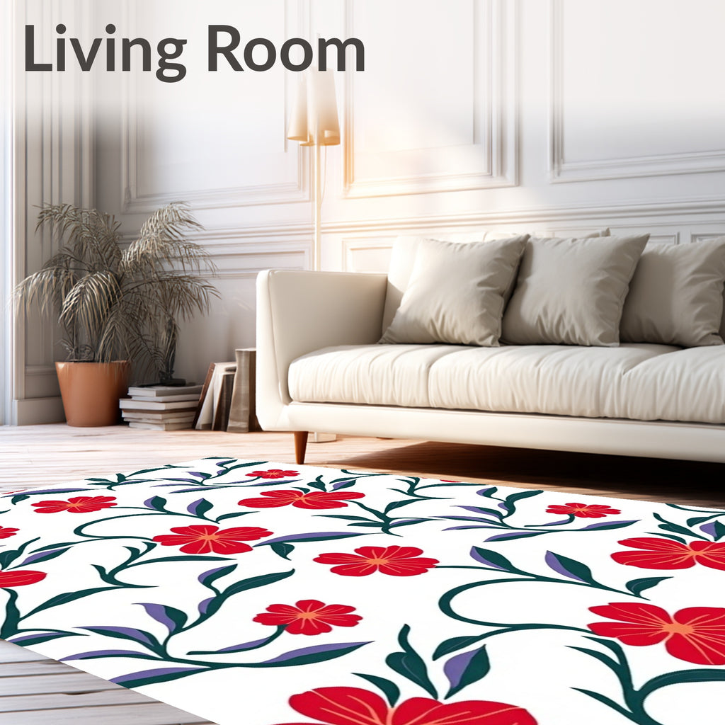 Vibrant Red Floral Vine Swirls Rug