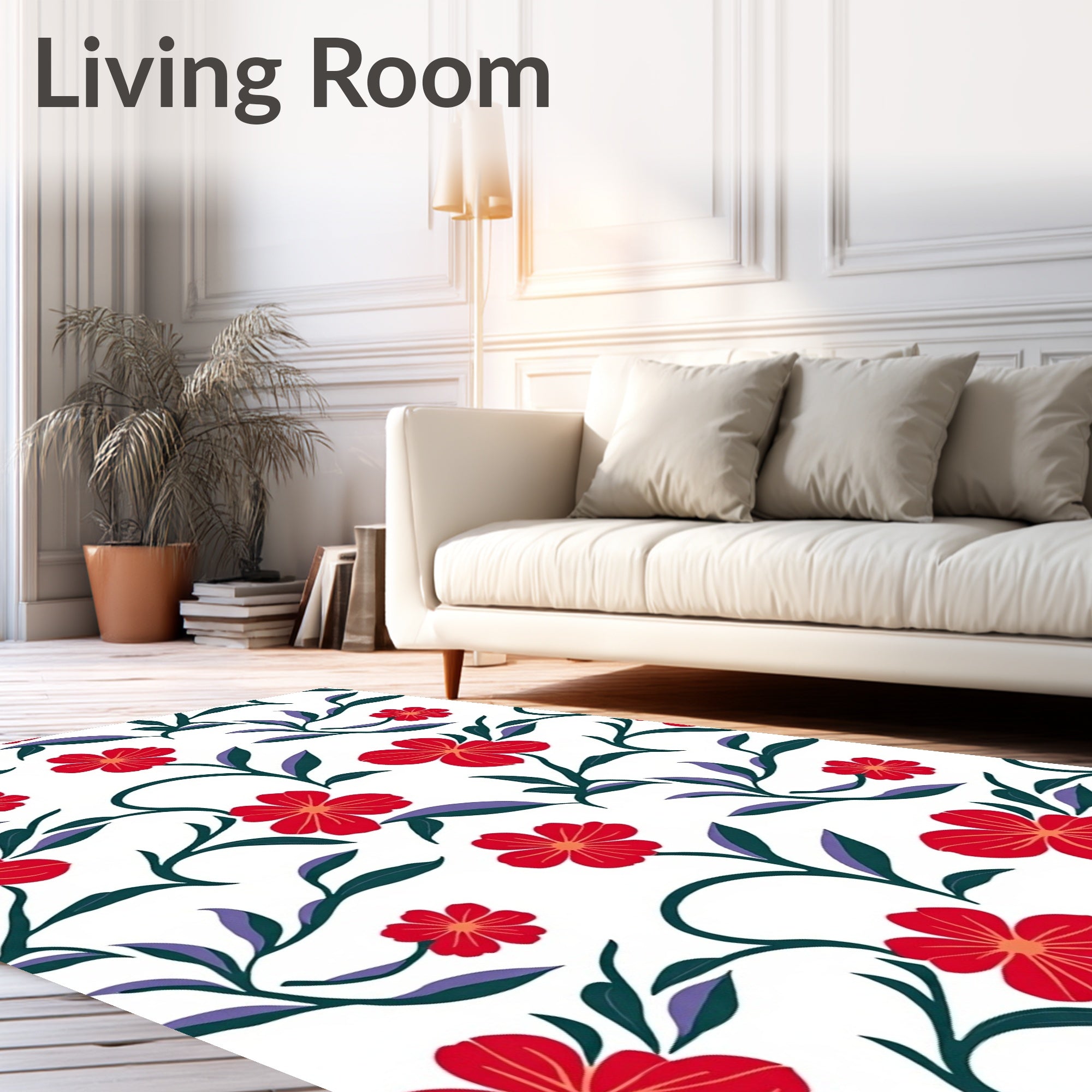 Vibrant Red Floral Vine Swirls Rug