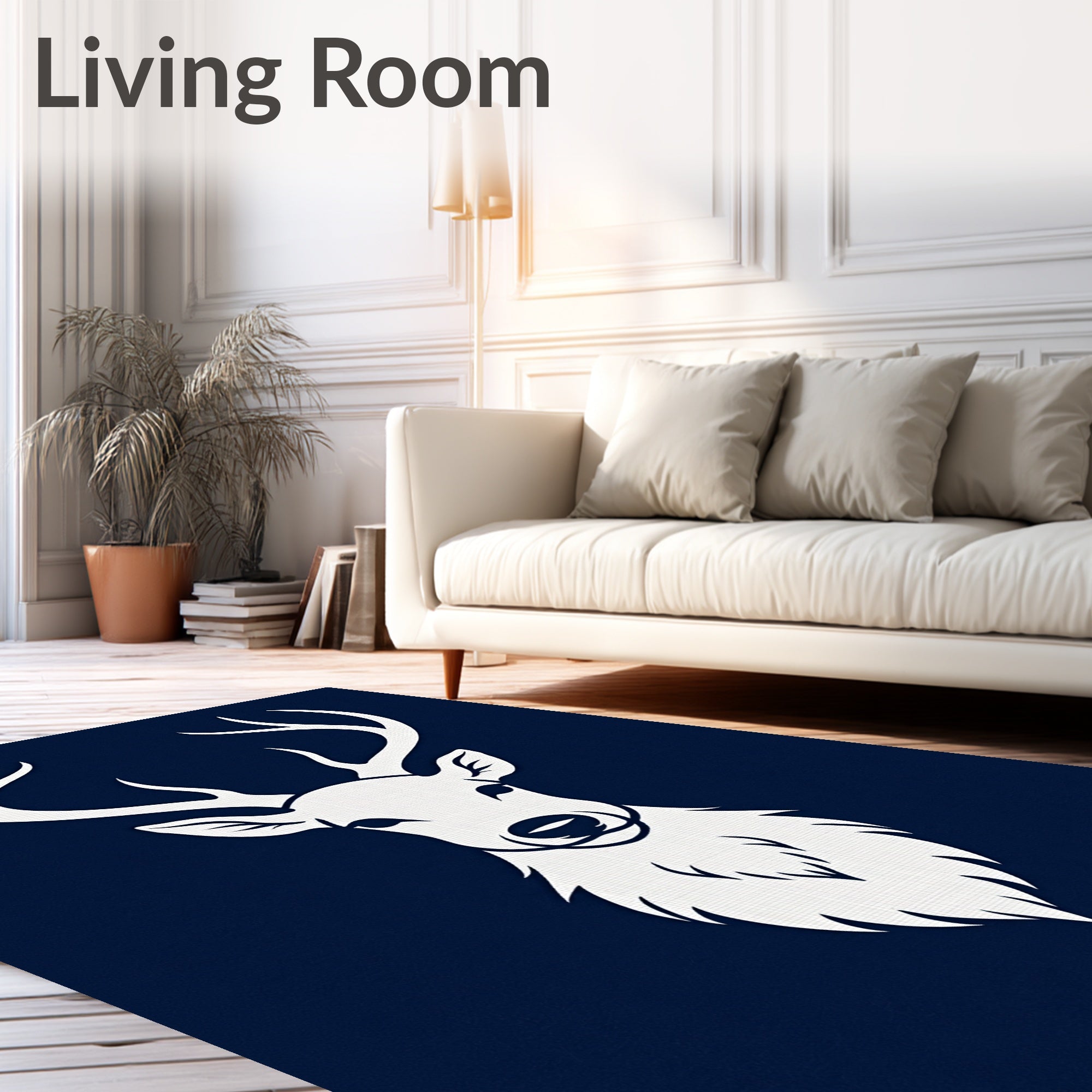 Classic White Stag Silhouette Navy Rug